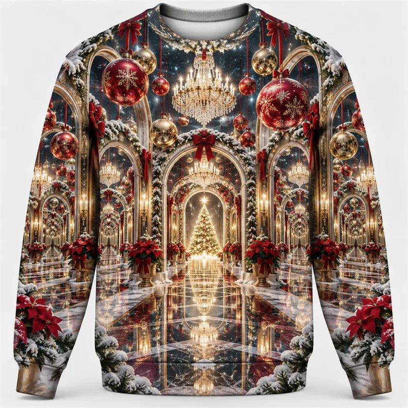 Christmas Fantasy Sweatshirt Train Castle Carousel Angel Polar Bear Crewneck Xmas Pullover Holiday Party Streetwear Gift Top