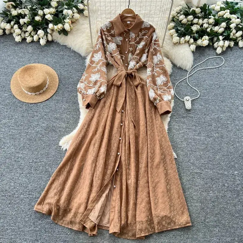 French Vintage Lace Embroidered Lapel Lantern Sleeve Dress Women Korean Slim Fit Waist Mesh Slim Long Dress — image 10
