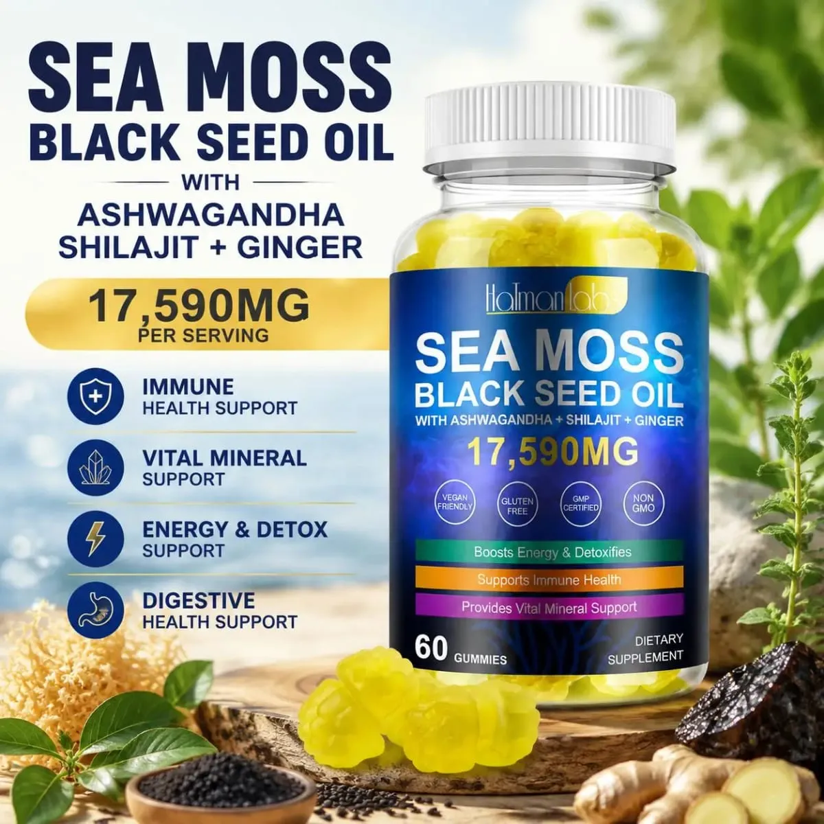 HalmanLabs Sea Moss Black Seed Oil Gummies with Vitamin C and Vitamin D for Immune Health and Vital Mineral Support 60 Gummies