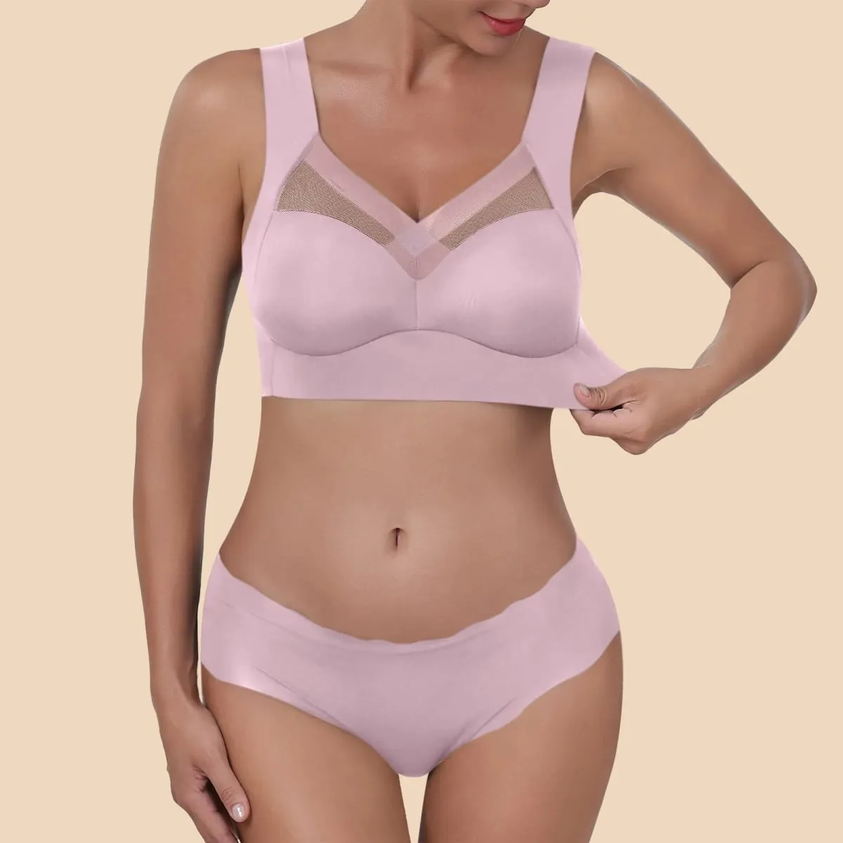 Women Seamless Underwear Set Wireless Ice Silk Thin Back Beauty T Shirt Bra And Smooth Panty Set Solid Color Lingerie Suits