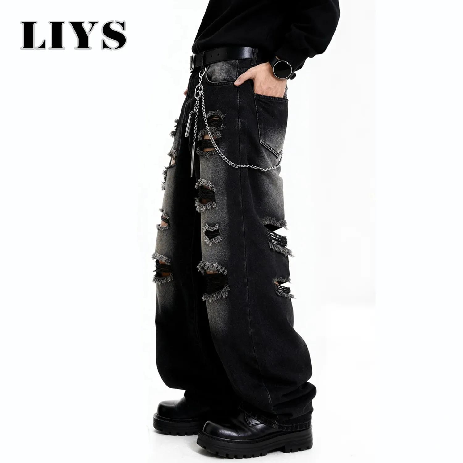 American Street Retro Men's Black Baggy Wide Leg Ripped Jeans Gothic Tear Style Unisex Loose Straight Leg Denim Pants Clothes