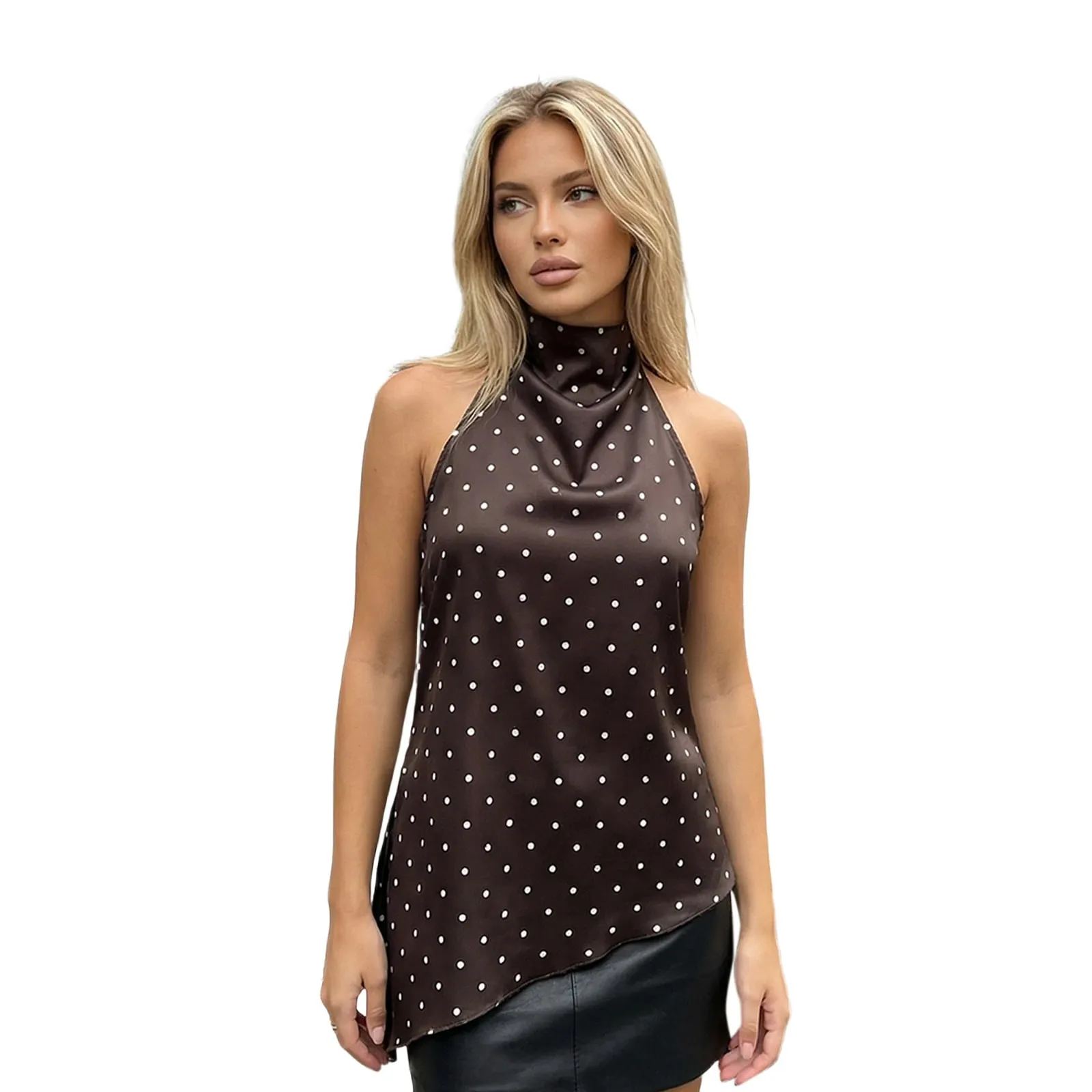 Women Summer Vintage Dot Print Asymmetric Hem Halter Neck Tanks Tops Sleeveless Backless Slim Fits Tunic T-Shirts Streetwear