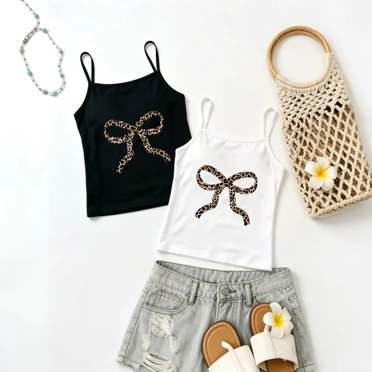 Leopard Print Bow Graphic Camisole Women Summer Y2K Aesthetic Tank Top Sleeveless Vest Trendy Fashion Shirt Beach Holiday Outfit