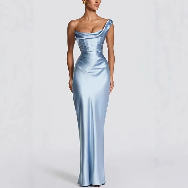 Fashion Women's Satin One Shoulder Long Dress Bandage Pleated Backless Sleeveless Dresses 2026 Summer Lady Party Evening Robes