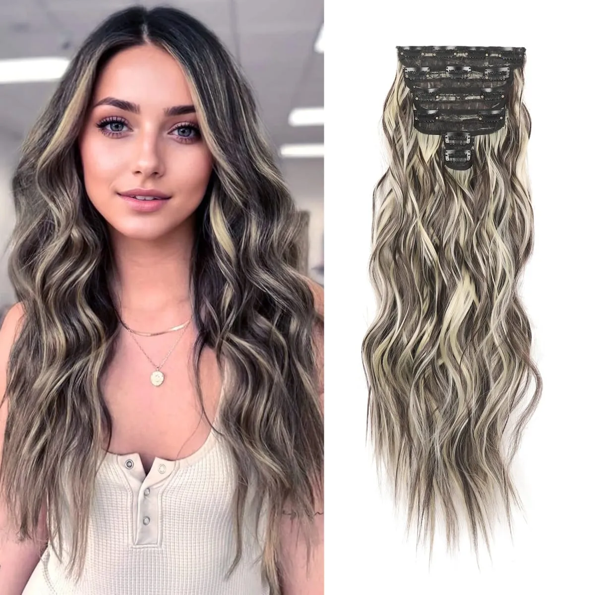 Clip in Hair Extensions 6PCS Thick Synthetic Hair Long Beach Waves hair Invisible Lace Weft Natural Soft Hairpieces for Women