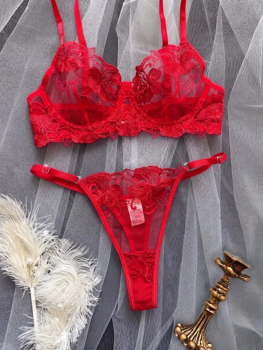 A1 Sexy Red Floral Embroidery Sheer Lace Lingerie Set S-XL Women See Through Mesh Bra Thong 2Pcs Romantic Valentine Intimates