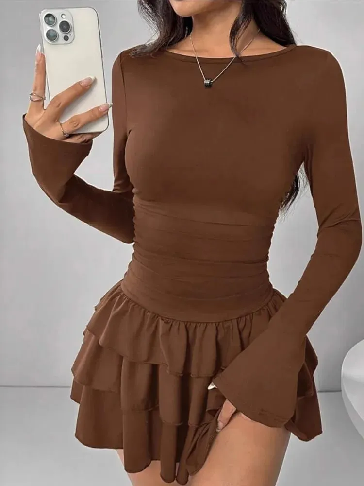 Temperament Dresses 2025 Woman Mini vestidos Simple Style Elegant French Bodycon Slim Pleated Fashion Long Sleeve Commuting Sexy