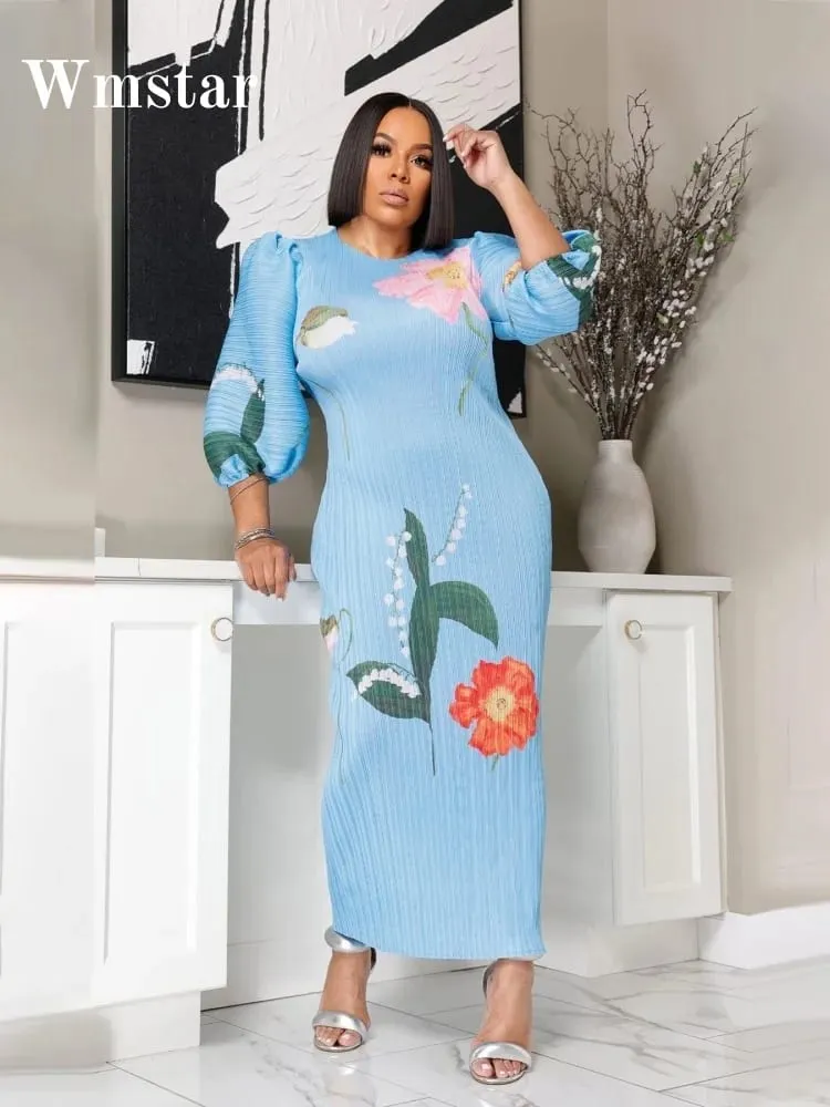 Wmstar vestidos femininos atacado moda senhoras de alta qualidade lanterna manga plissada flor impressão em torno do pescoço maxi vestido novo verão