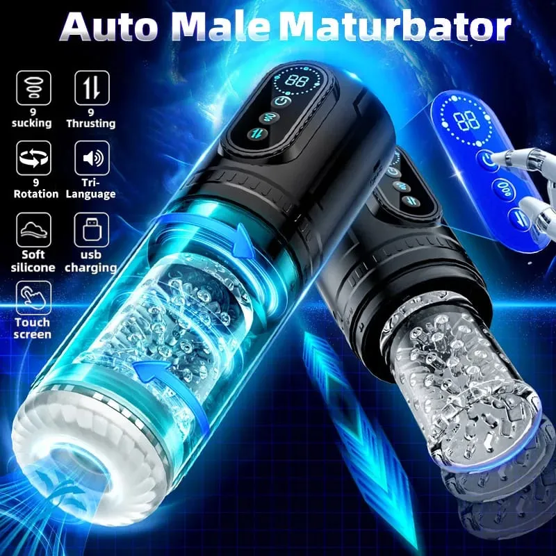 Automatic Male Penis Pump with 9 Sucking Thrusting Rotating Modes 3D Realistic Adult Men Sex Toy Machine Blowjob Stroker