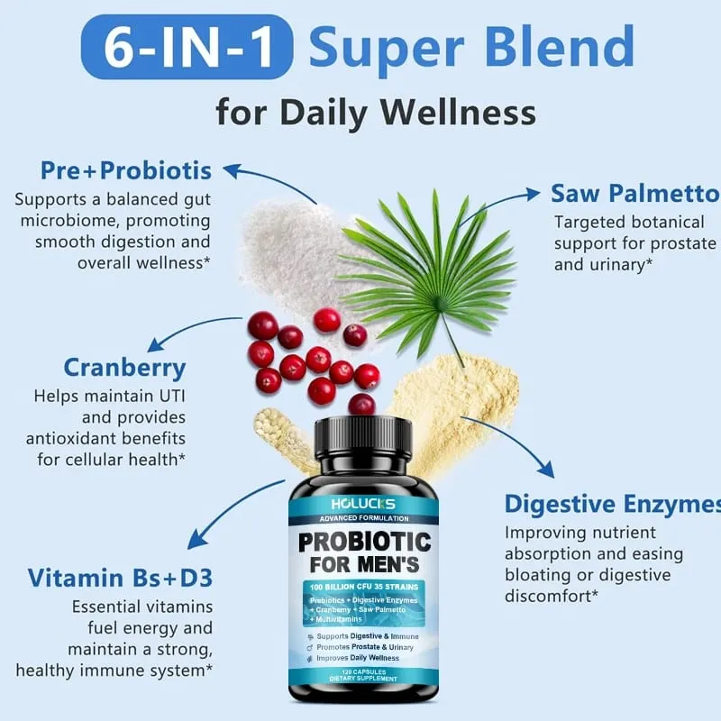 Advanced Men's Probiotic Supplement 100B CFU Prebiotic Fiber Enzymes Saw Palmetto Cranberry for Prostate Urinary Wellness