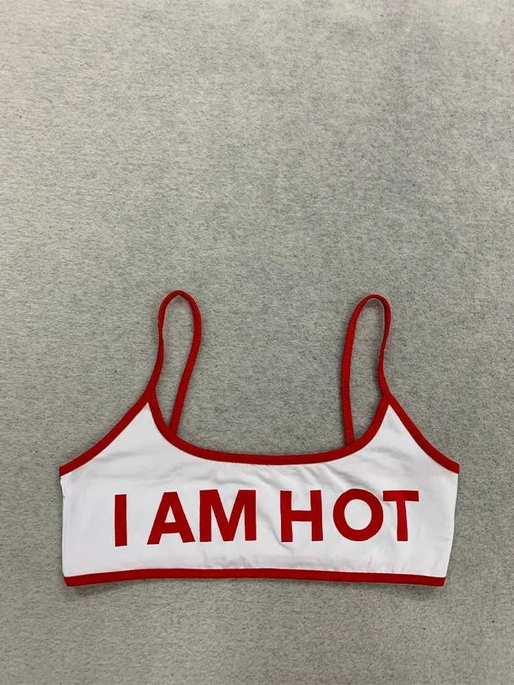 Women's Sexy Crop Top White Tank Top Contrast Red Trim Graphic Letter Cami Slim Fit Y2K Fashion Summer Casual Wear