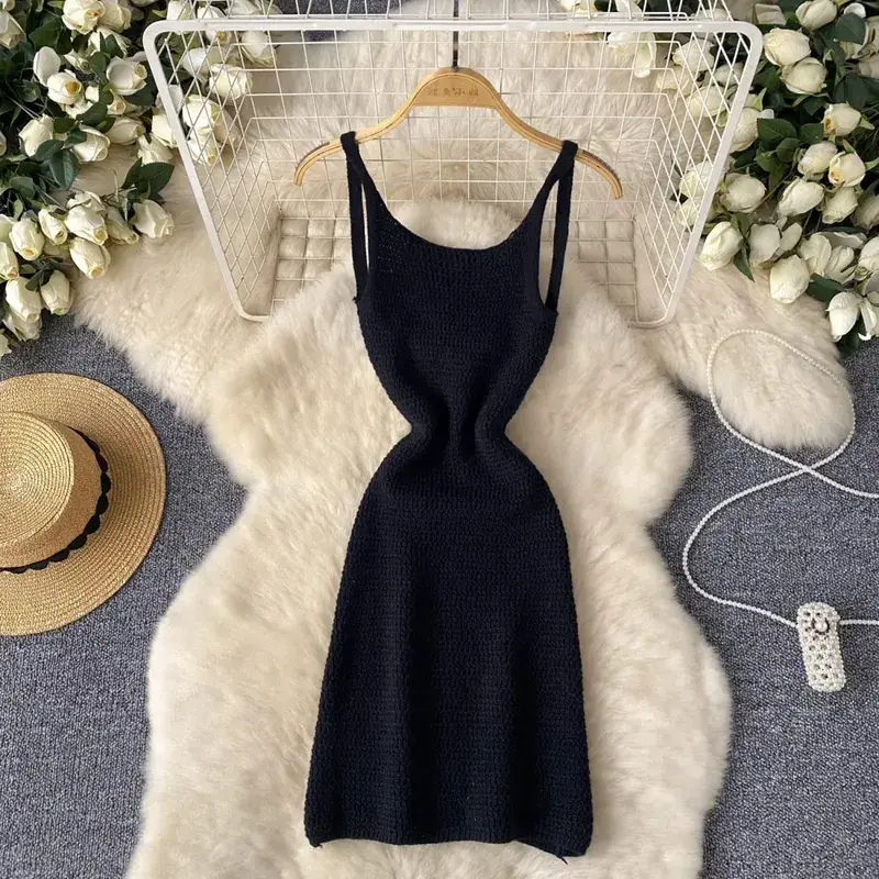 Summer Women Fashion Sexy Sleeveless Sundress Off Shoulder Knitted Strap Dress Hollow Out Backless Solid Color Wrap Mini Dress — image 4