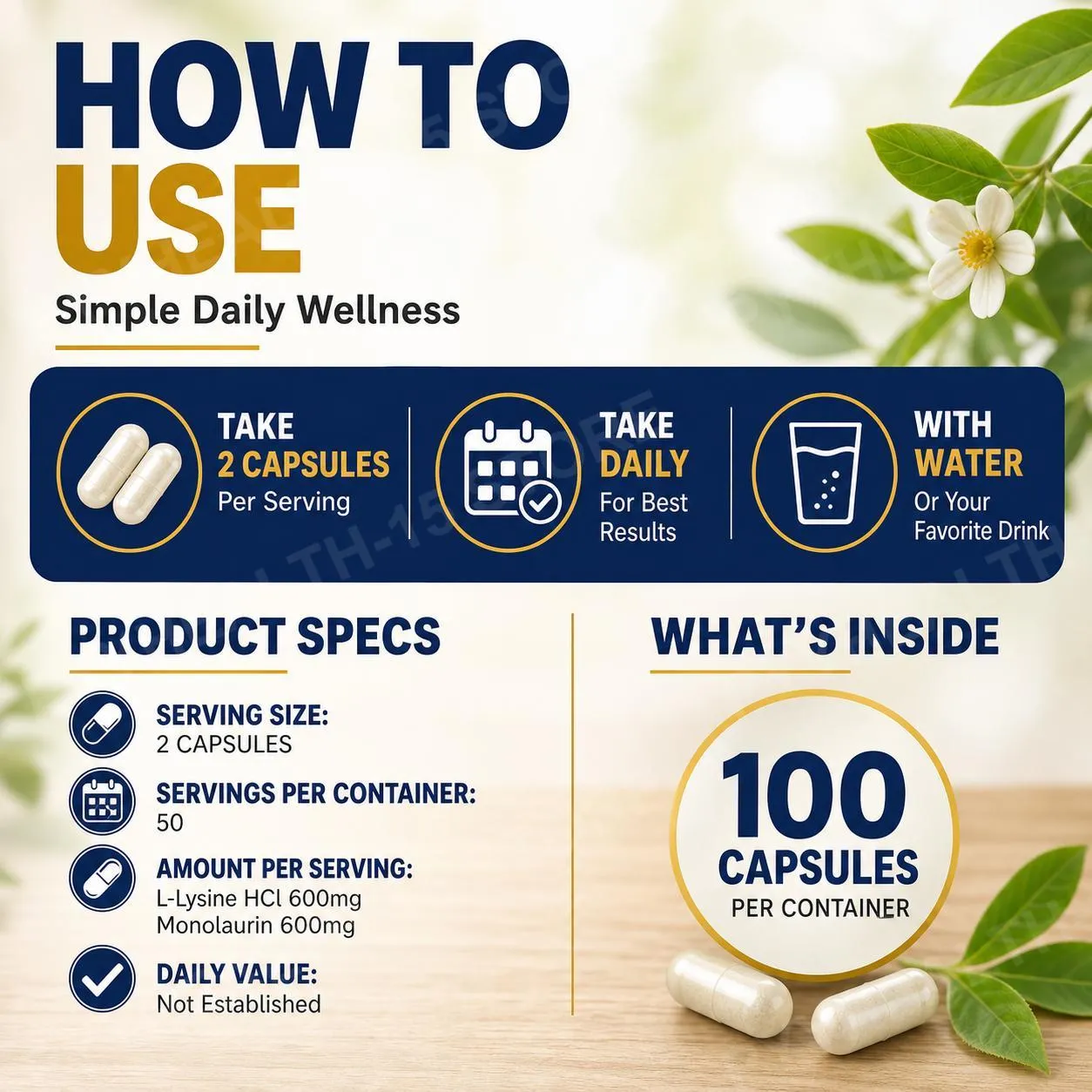 L-Lysine HCl & Monolaurin 1:1 Ratio Capsules Immune Wellness Daily Defense and Balance Support 600 mg Each 100 Count