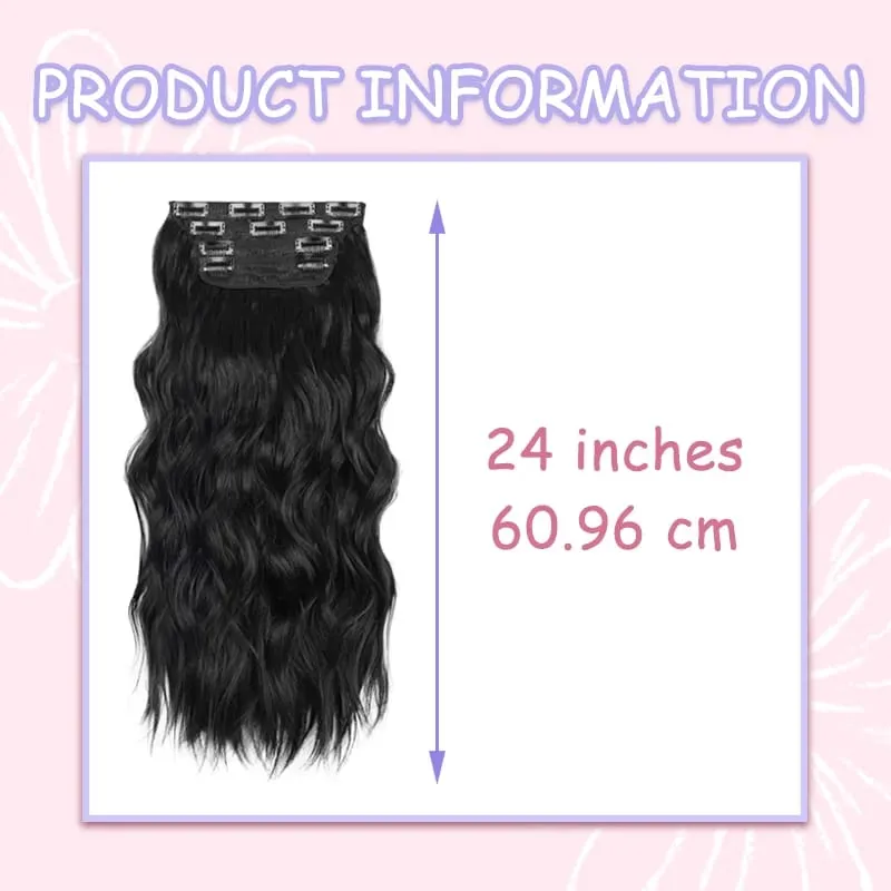 Clip in Hair Extensions 4PCS Synthetic Black Thick Hair Piece 24 Inches Long Wavy Clip in Extensions