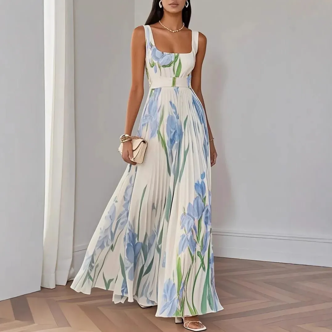 Vestidos Mujer Sexy Square Collar Pleated Dress Woman Spring Floral Print High Waist Long Dresses New Summer Sleeveless Sundress