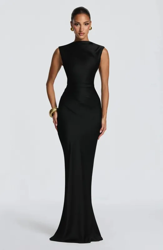 Ruched Waist Satin Long Dress Solid Bodycon Sleeveless Cowl Neck Fishtail Women Dresses 2026 Summer Lady Formal Evening Gowns