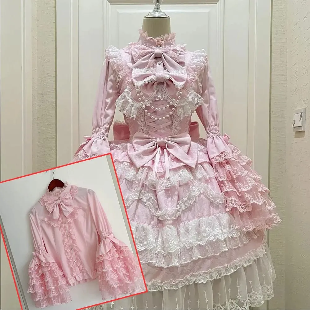 Lolita Kawaii Y2k Long Sleeve Strap Dress Japanese Knee-Length Women Elegant Lace Bow Patchwork Ball Gown Sweet All Season