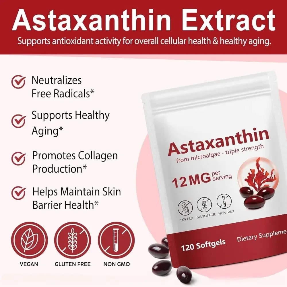 Astaxanthin 12mg Softgels Triple Strength Antioxidant Support for Skin Eye Joint & Immune Health – 120 Count 4‑Month Supply