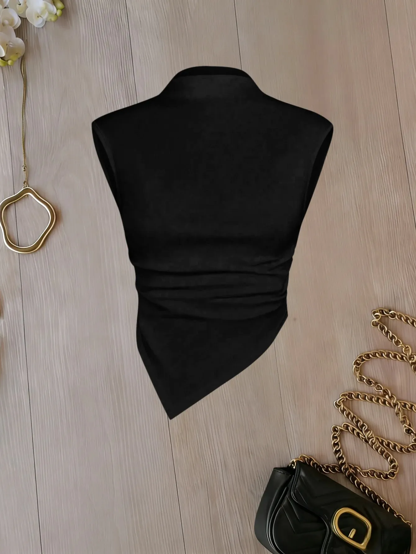 Women Mock Neck Sleeveless Ruched Asymmetrical Hem Crop Top 2 Pack Solid Color Cami Top Set