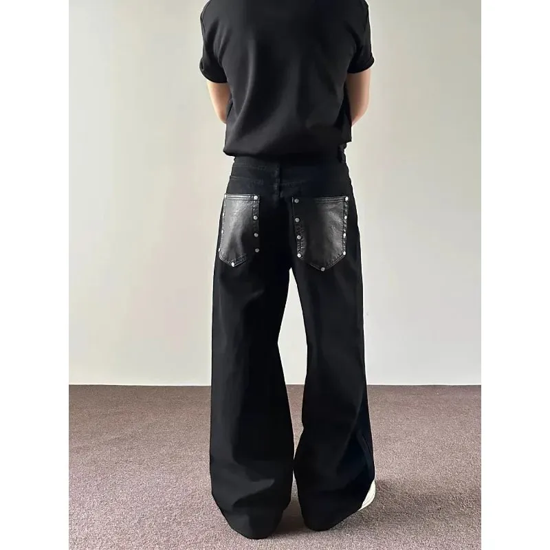 Men's Jeans Black Baggy Denim Pants American Style Rivet Five Button Pocket Loose Fit Streetwear Man Pants