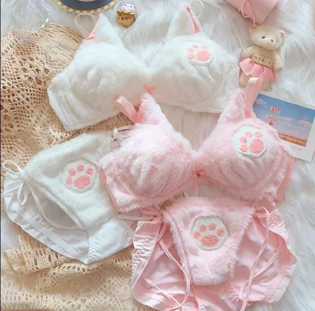Cute Cat Paw Plush Lingerie Set for Women Warm Winter Bra & Panty with Ears Comfortable Kawaii Underwear