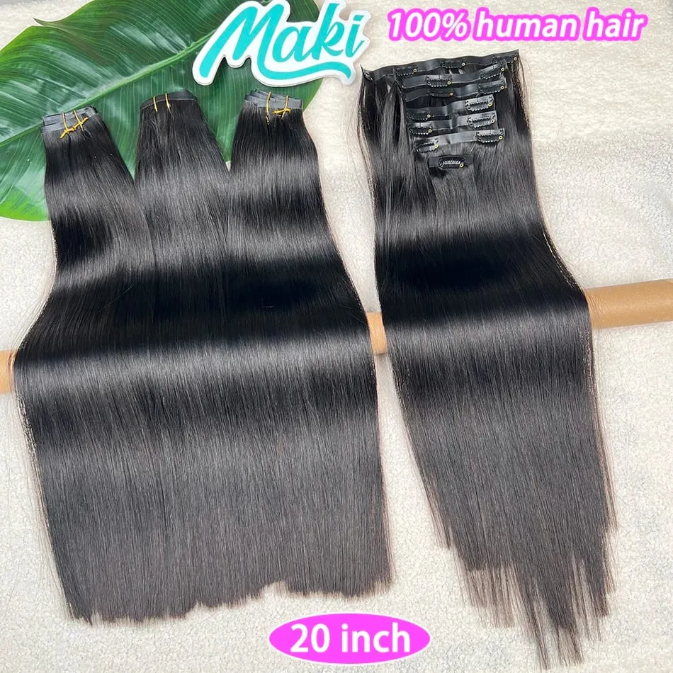 Double Drawn Straight Clip Ins Human Hair Extensions #1B Natural Black Color 100grams 7Pcs/Set Seamless PU Weft Clips in Hair