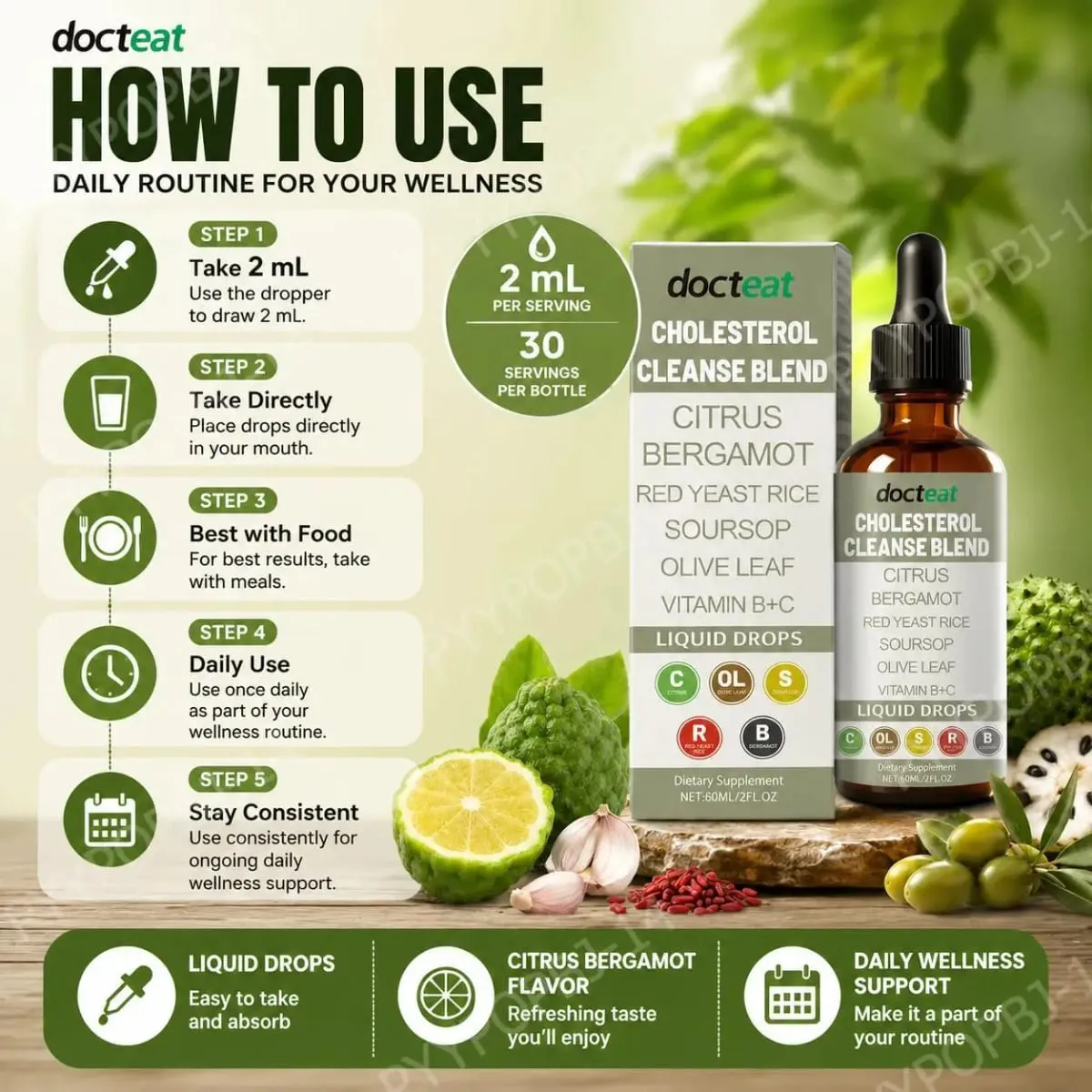 Docteat Cholesterol Cleanse Blend Liquid Drops Citrus Bergamot Supports Metabolic Balance with Vitamin C and B2 Dropper 60 ML