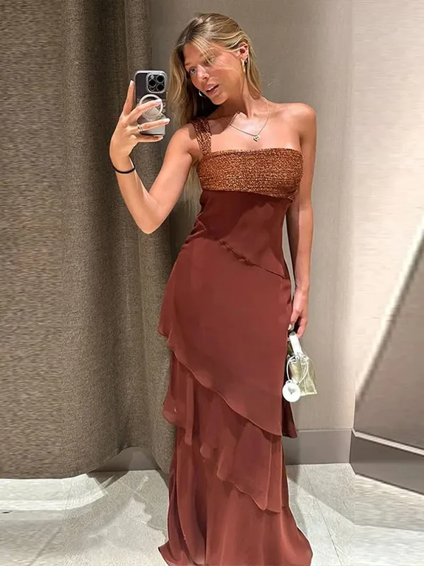 Fashion Contrast Ruffle Maxi Dress Women Sexy U Neck Sleeveless High Waist Loose Long Dresses 2026 Spring Summer Lady Boho Robe