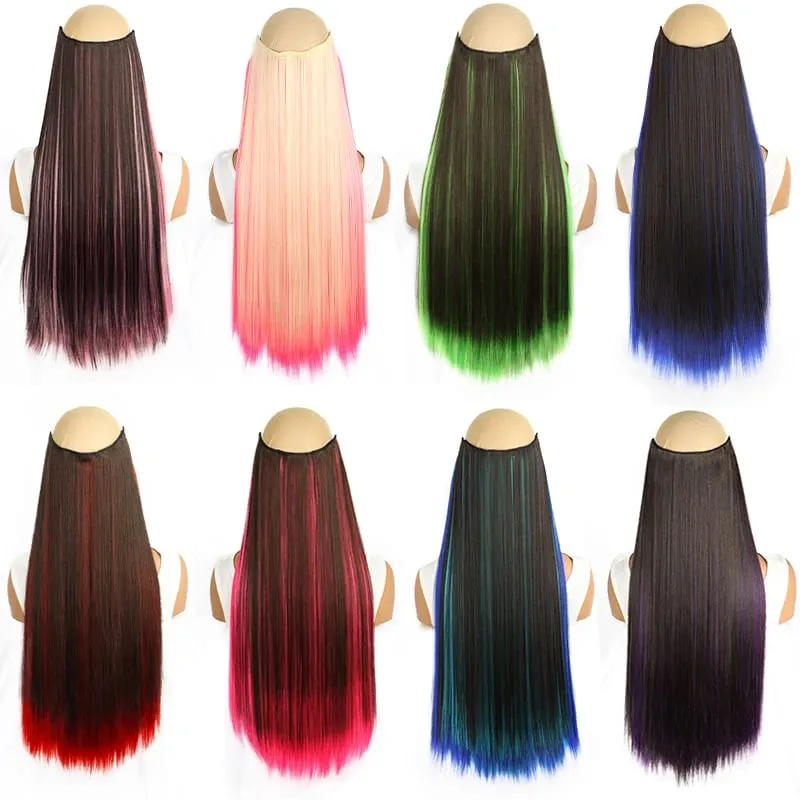 Synthetic 24Inch Long Straight 5 Clips Colorful Highlight Hair Extension Natural Soft Silky Hairpiece for Women Daily Use