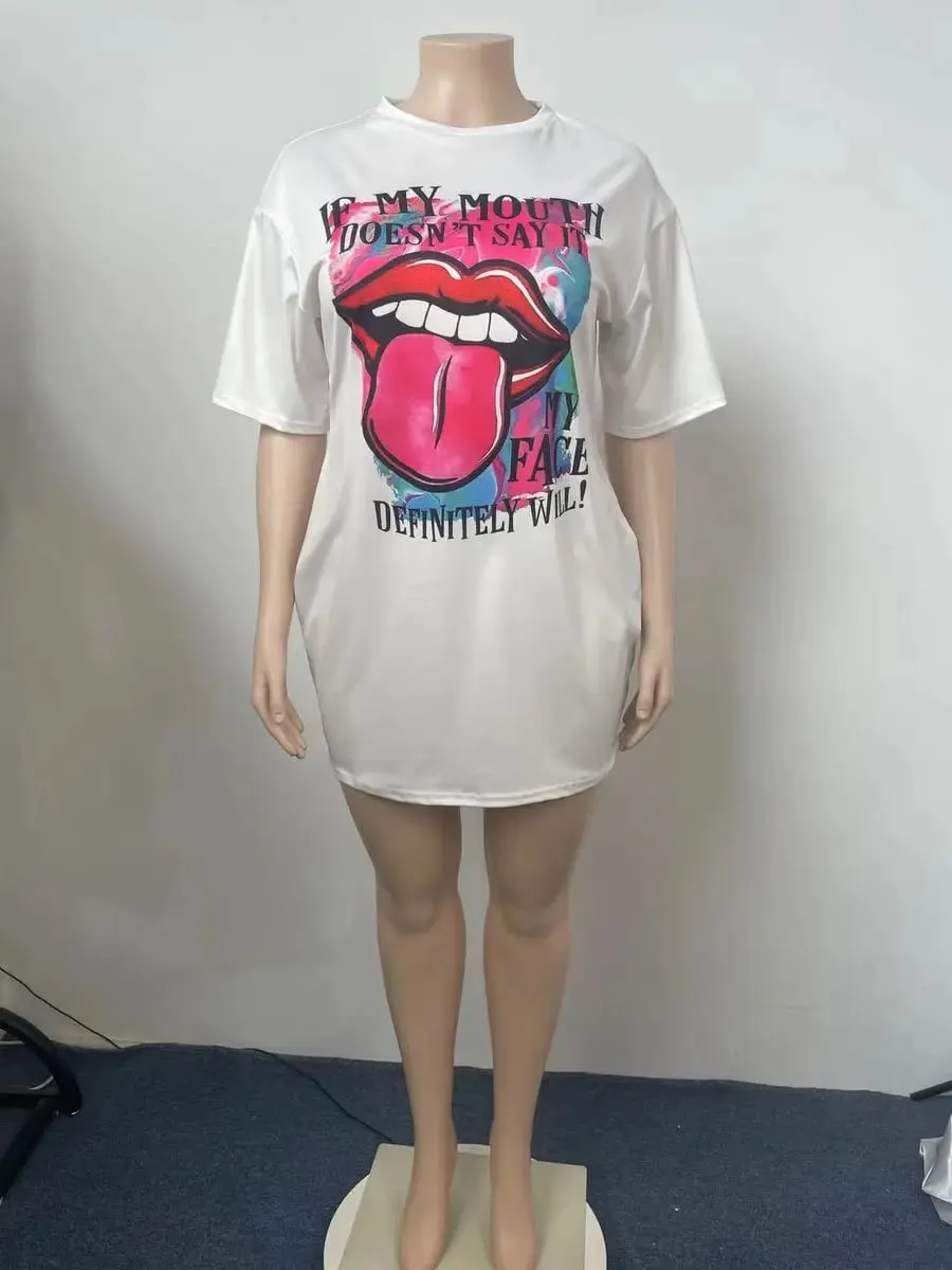 Women's summer casual fashion loose plus size letter lip print pattern printed short sleeved summer T-shirt dress