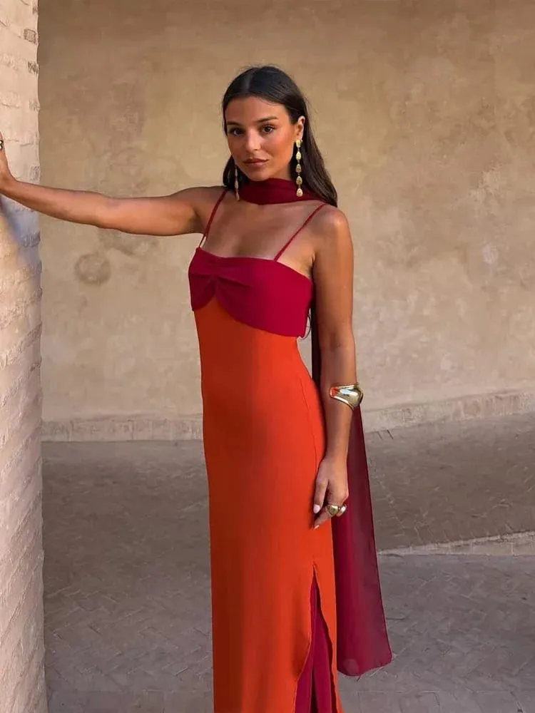 Fashion Women Color Blocking Scarf Collar Sling Dress Sexy Split Waist Cinching Bodycon Maxi Gowns 2026 Lady Club Party Vestidos