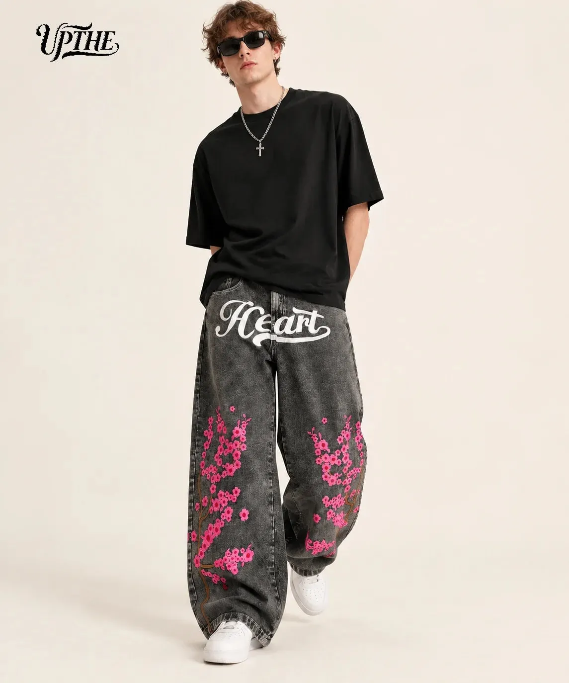 UP.THE Men Baggy Wide Leg Jeans Vintage Washed Black Gray Denim Pants Y2K Loose Cherry Blossom Embroidery Heart Letter Print Streetwear Jeans for Daily Hip Hop Casual Outfits
