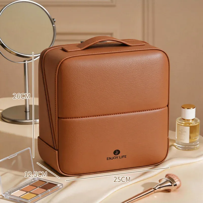Standing Makeup Brushes Storage Bag PU Leather Multi Compartment Cosmetic Tools Bag Large Capacity Skincare Toiletry Organizer