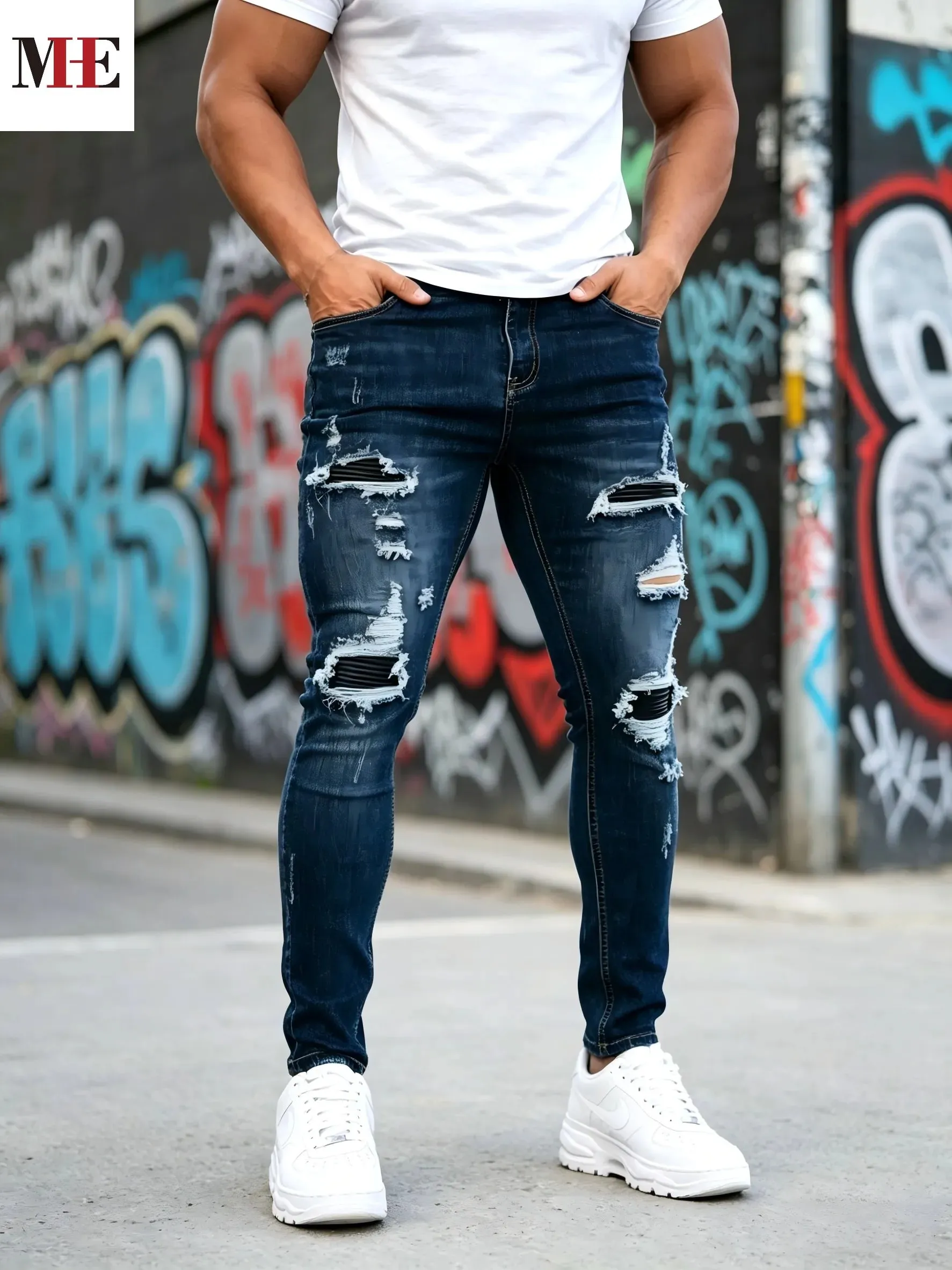 HME Men's Casual Denim Pants Dark Blue Slim Skinny Jeans with Black Stripe Patches for Daily Wear