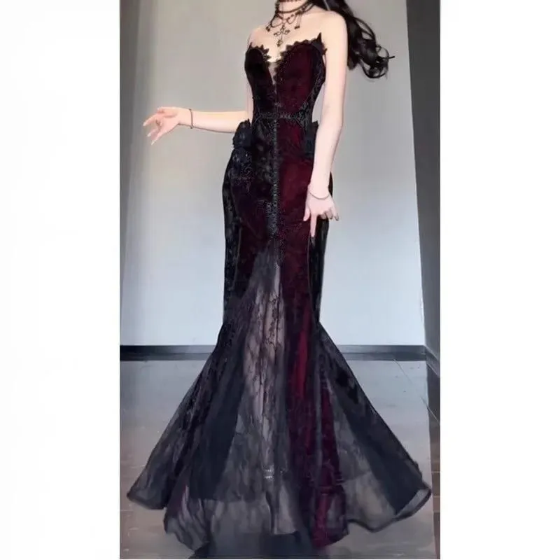 Zomer Gothic Grunge Y2k Kanten Jurk Vrouwen Donkere Academia Sexy Slanke Feestjurken Koreaanse Fashion Design Festival Lange Prom Jurk