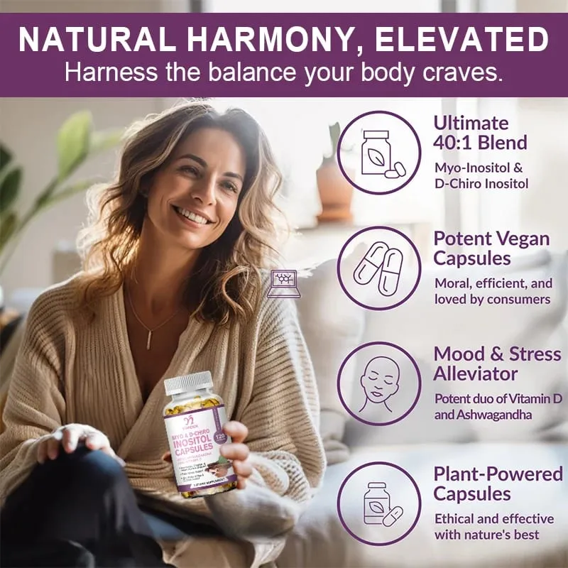 Myo Inosito Capsules & D-Chiro Inositol with Ashwagandha Root & Vitamin D3 Hormone Balance for Women Regulate Menstrual Cycle