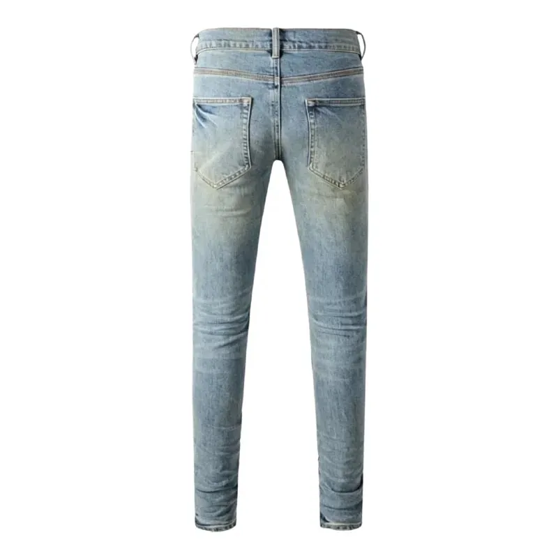 Men's Large Knee Ripped Slim Tapered Jeans Vintage Light Blue Wash Heavily Frayed Button Fly High Street Style