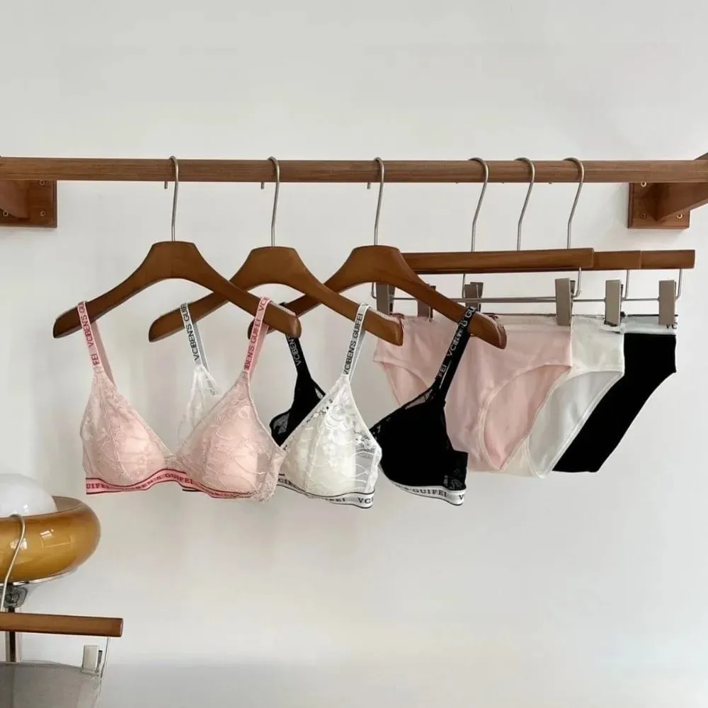 Comfortable Letter Design Lingerie Set Lace Wireless Women Underwear Suit Deep V Color Blocking Bra Panties Set Girl