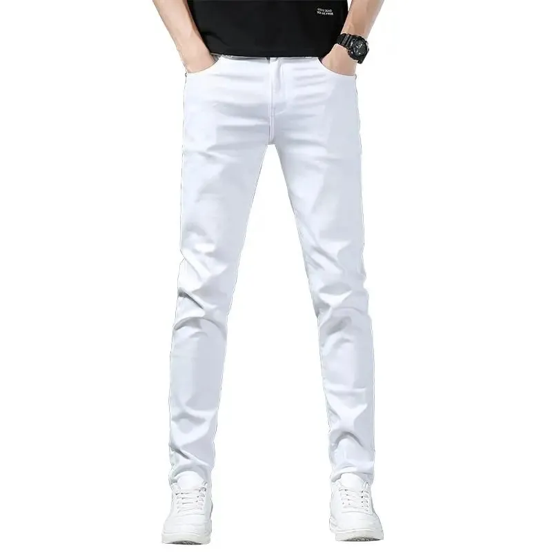 Mens Straight Elastic Waist Jeans 2025 Autumn Winter Fashion Brand Comfortable Versatile Pants Slim Fit White Jeans High Street