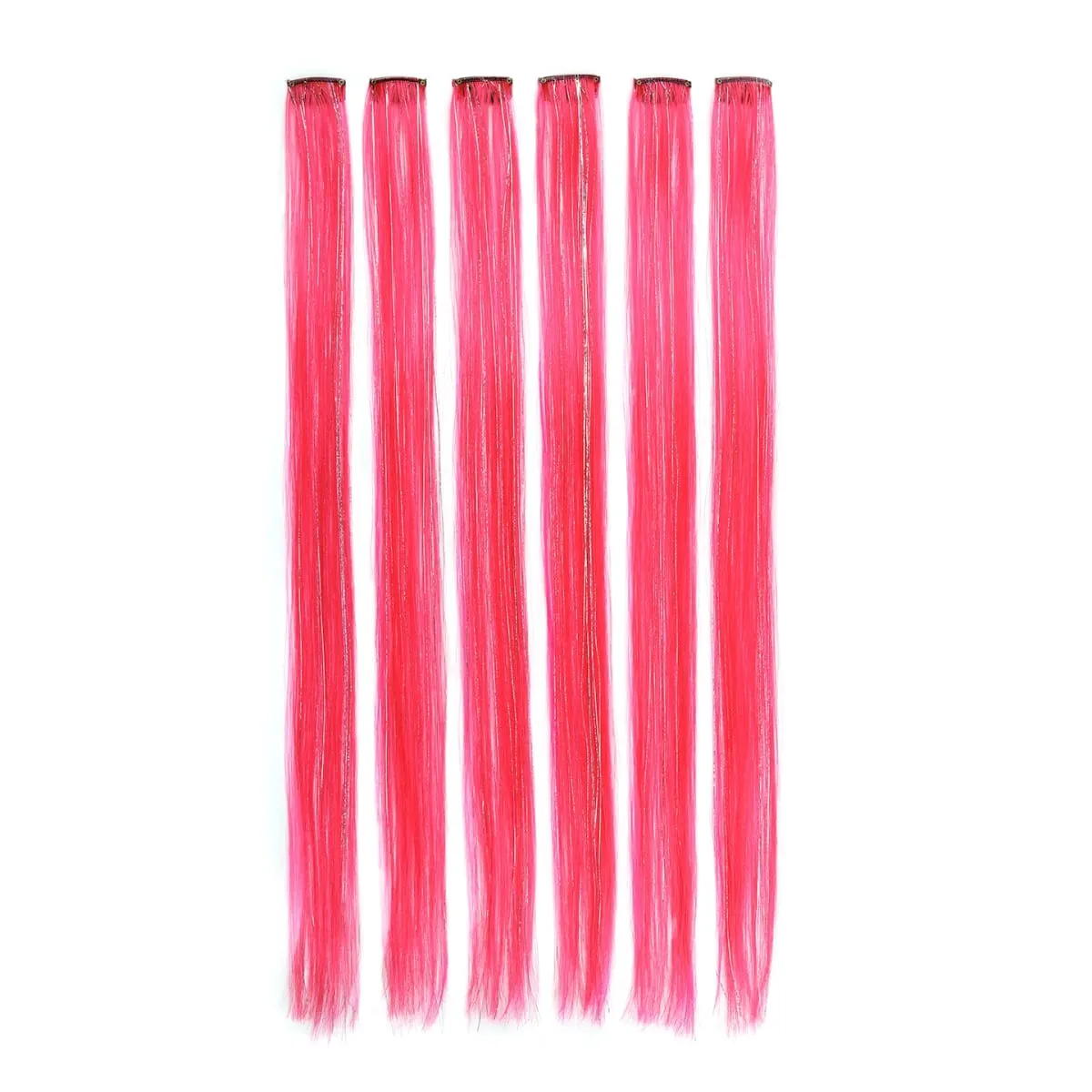 Synthetic 6pcs Clip in Hot Pink Hair Extensions Mix tinsels 22 Inch Colored Hair Extensions 2 in 1 Rainbow Hair