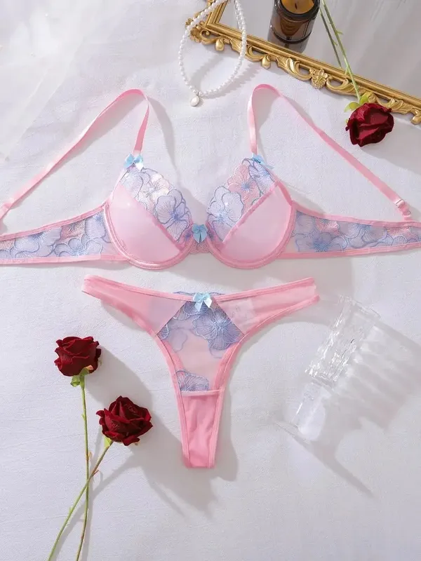 Sweet and sexy lingerie cute butterfly bra set steel ring gathering ultra-thin cup transparent two-piece set