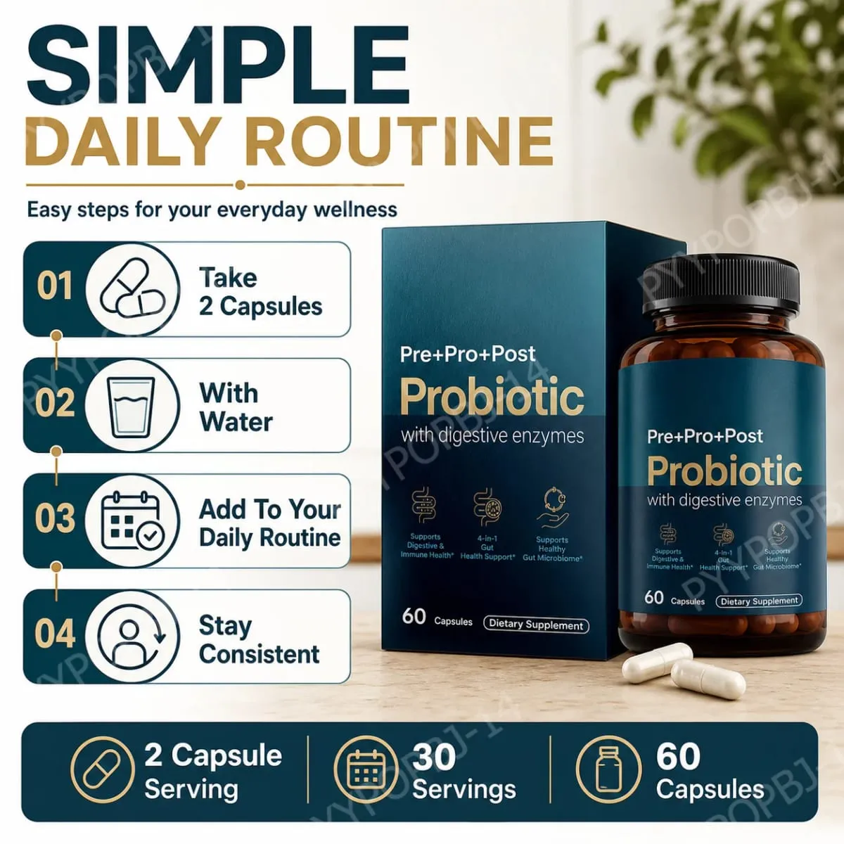 Premium 4-in-1 Probiotic Prebiotic Postbiotic Digestive Enzymes for Men&Women Supports Gut Digestion Immunity 60 Capsules