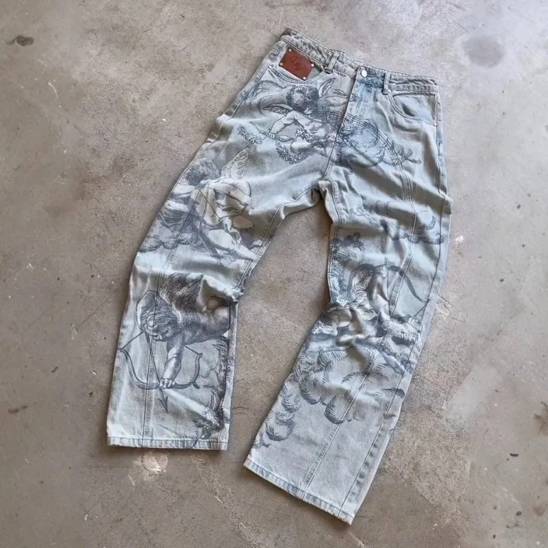 Y2K Fashion Denim Pants Art Classic Pattern Colossal Angel Jeans Retro Gothic Hip Hop Harajuku Streetwear Men Women Baggy Pants