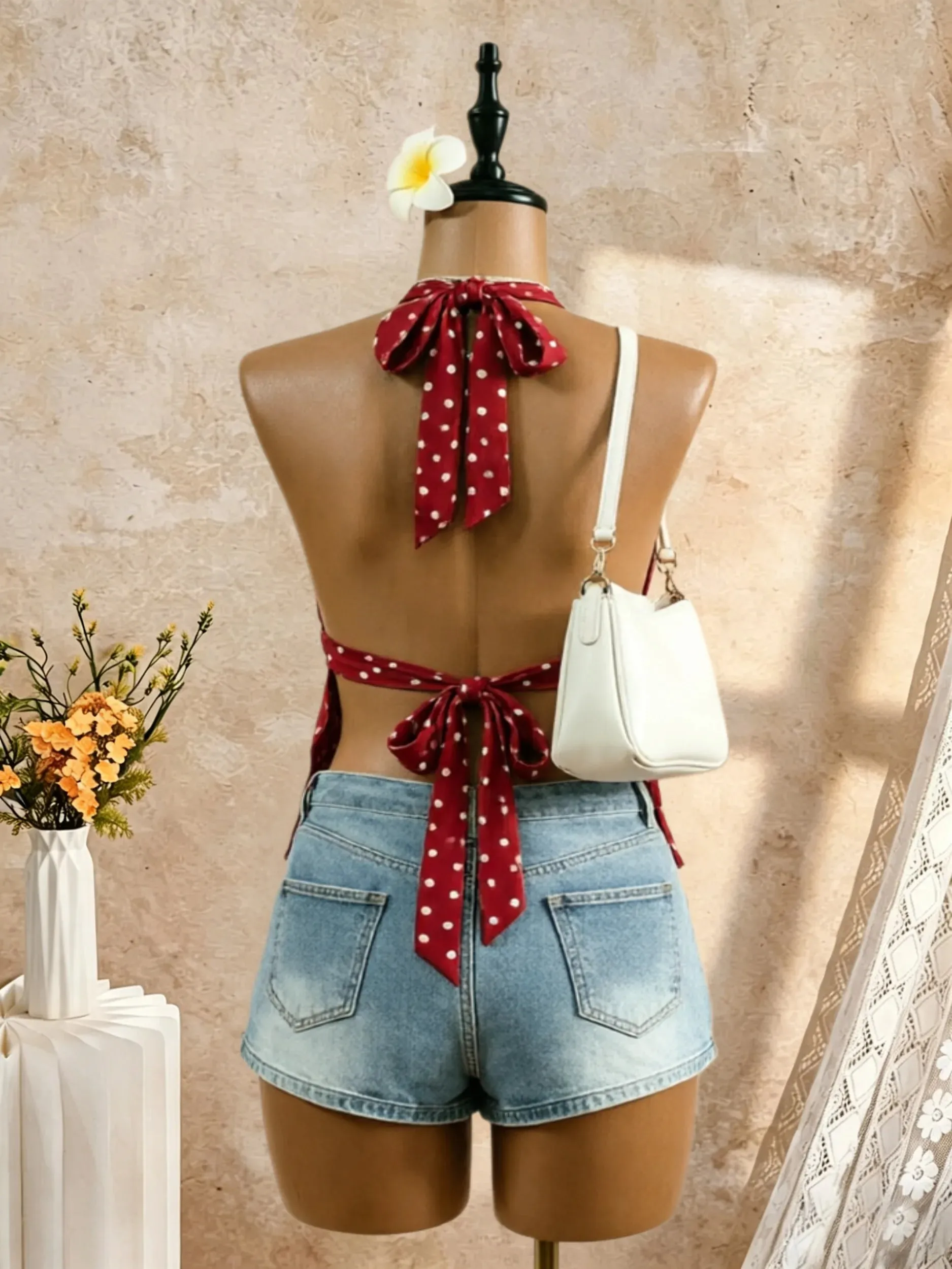 Women Halter Deep V Neck Polka Dot Back Tie Bow Peplum Cami Top 2026 Summer Y2K Red Retro Satin Open Back Flared Sleeveless Swin