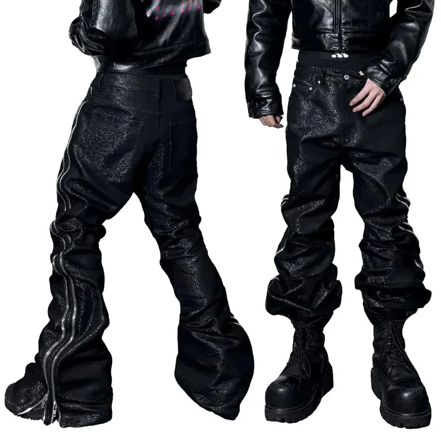 High Quality Silver Thread Woven Metal Texture Bootcut Jeans Man Side Double Zippers Gothic Punk Stacked Jeans