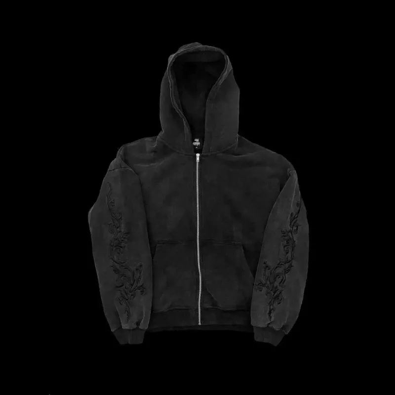 American Retro Rock Gothic Graphic Fur Collar Loose Zipper Sweatshirt Men's Y2K New Harajuku Punk Casual Joker Hoodie Streetwear