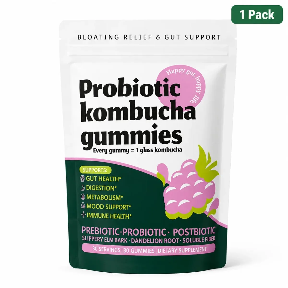 Probiotic Kombucha Gummies Berry 30 Ct Prebiotic Postbiotic Gut Health Digestion Bloating Relief Immune Vegan Non-GMO Supplement