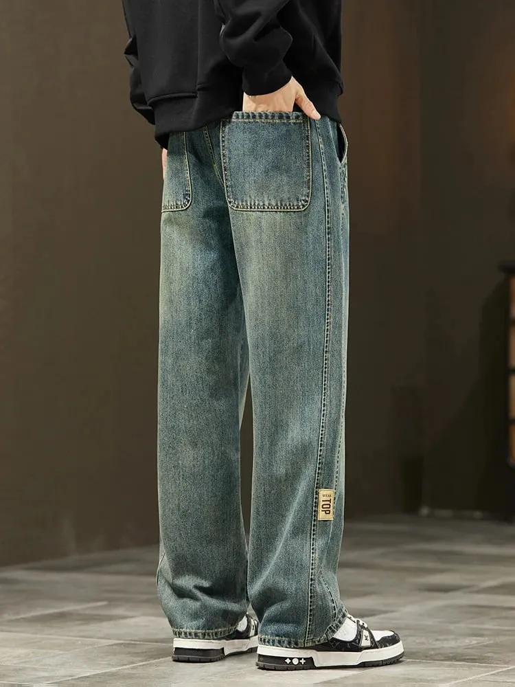Korean Loose Wide Legs Jeans Men's Vintage Wash Denim Pants Fashion Streetwear Casual Baggy Straight Male Trousers
