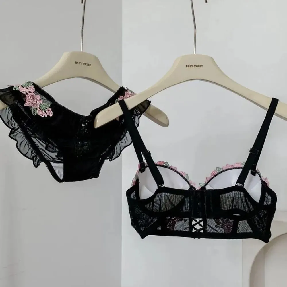 Japanese Sweet Lace Bra Lingerie Set Pure Desire Sexy Wireless Push Up Bust Enhancer Summer Brassiere 32‑38AB Bra Set