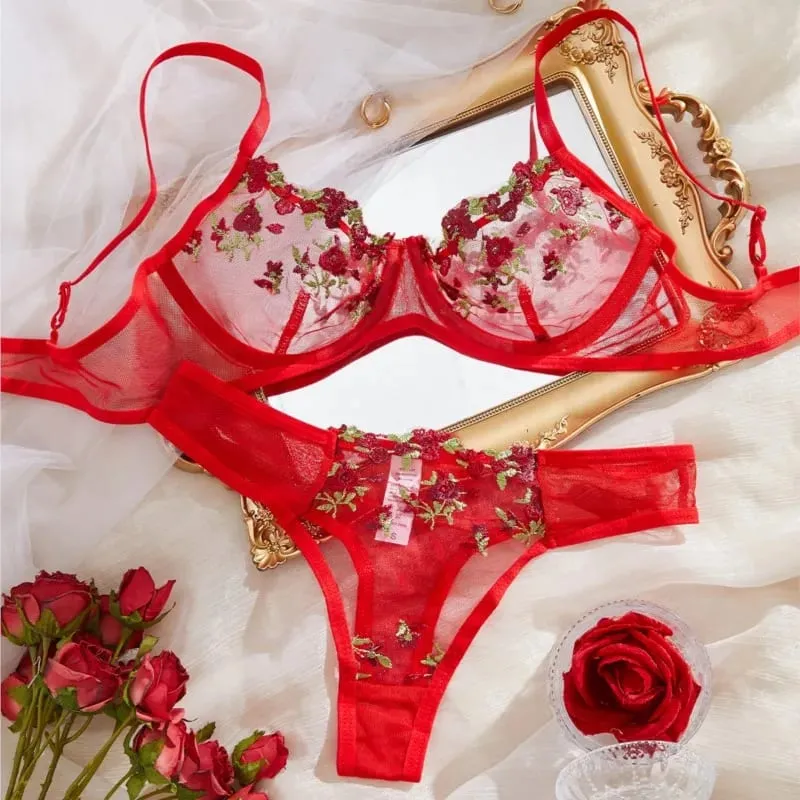 Beha Transparante Dame Bloemen Borduren Lingerie Set Vrouwen Pure Bh En Korte Ondergoed Set Satijnen Sexy Intimi Ondergoed